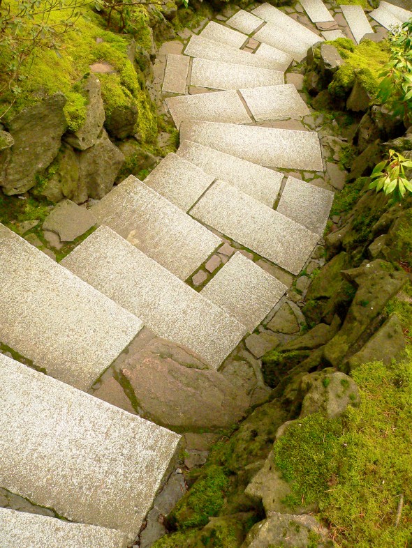 Winding rectangular steps leading downward between mossy rocks