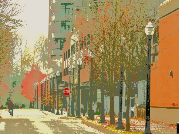 city street with cyclist and row of street lights and autumn foliage