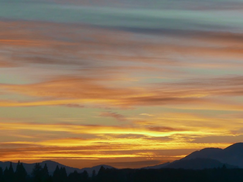 orange clouds over low mounatins and conifers in silhouette