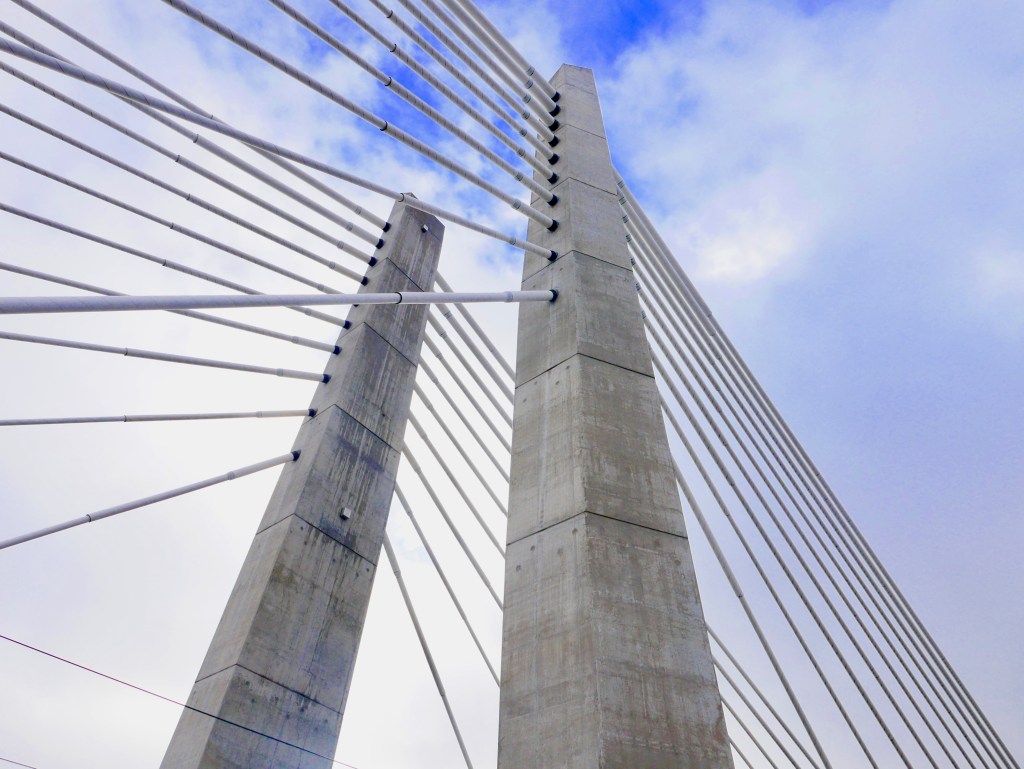 Two concrete columns and many parallel steel cables on bridge