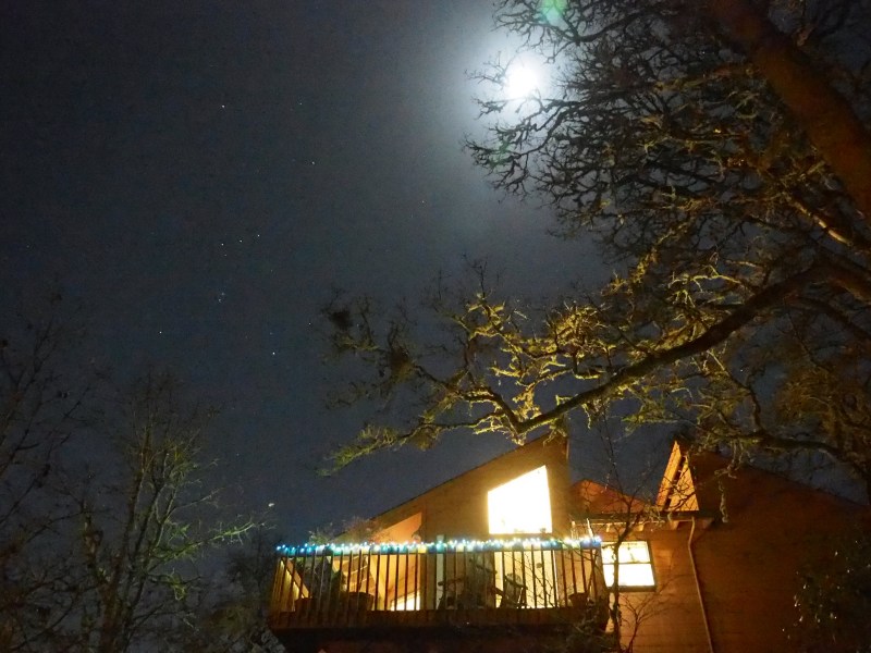 Brightly lit house, bare trees and night sky with Moon and Orion