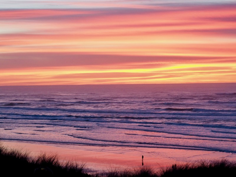 Pastel sunset, beach and ocean
