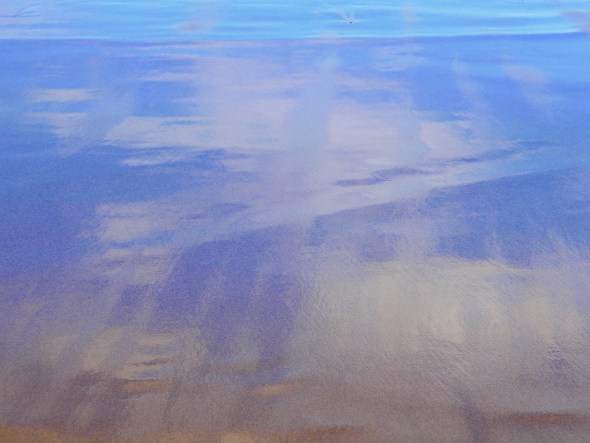 Blue and gold reflections of sky on sandy beach