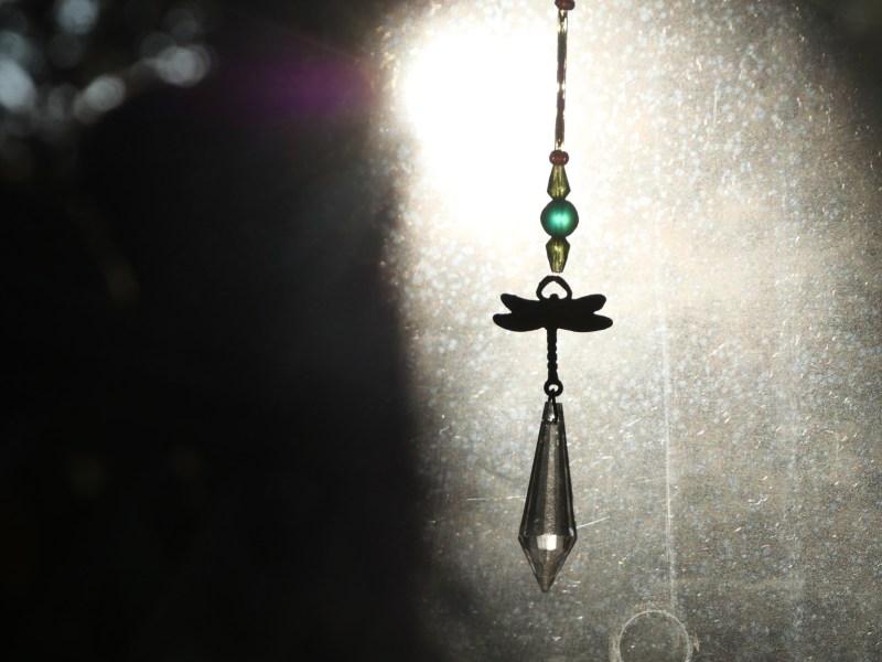 Pendant with dragonfly and prism hanging in window