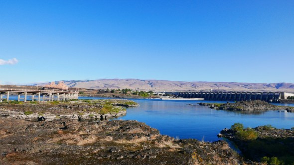 River, bridge, dam and rocks