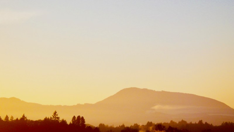 Mountain and silhouetted trees at sunset