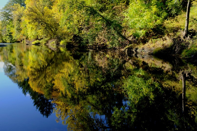 Fall foliage and reflections in river