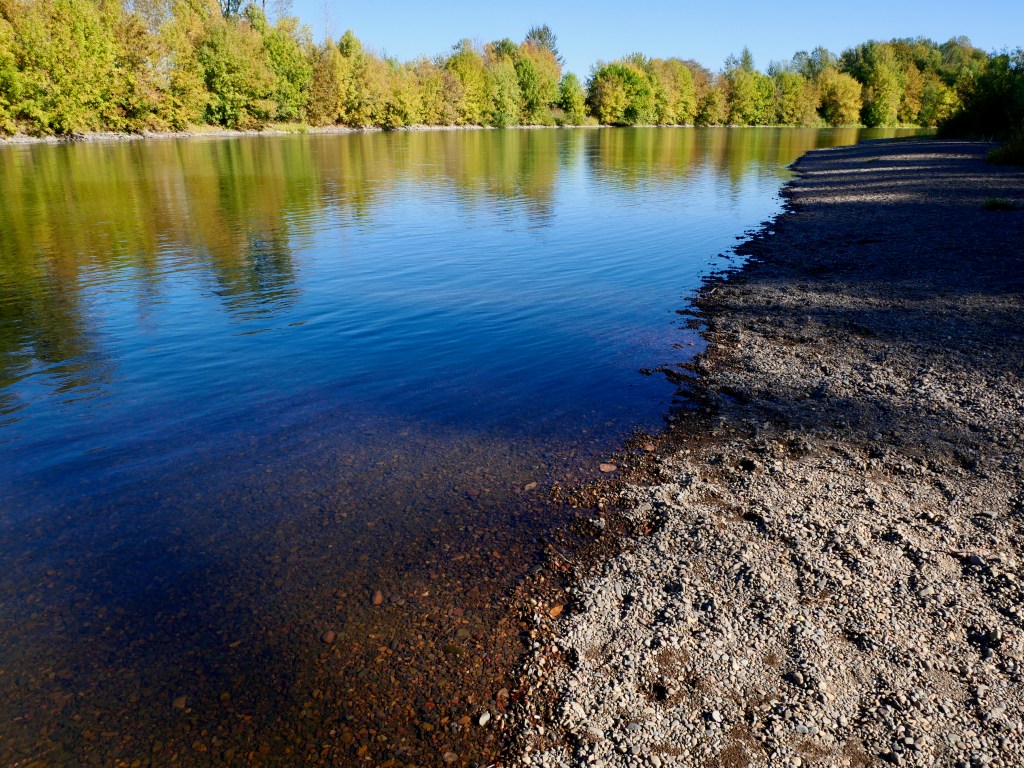 riverbank fall foliage and gravel beach
