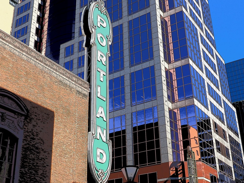 "Portland" sign and city buildings