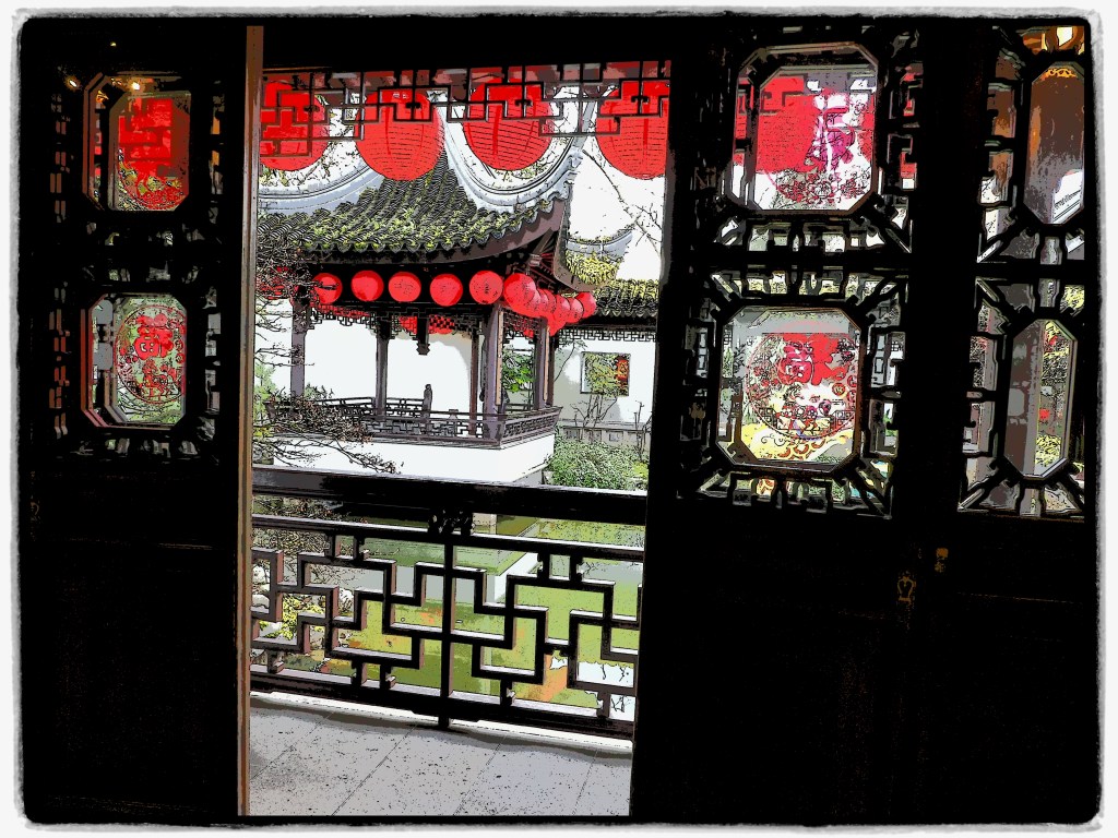 windows, doorway, red light globes, and intricate woodwork at Lan Su Chines Garden